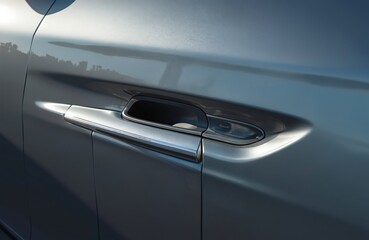 Macro view of modern car door handle. Sleek, metallic gray finish with subtle reflections. Clean lines and flush design emphasize automotive engineering and style. Vehicle exterior detail.