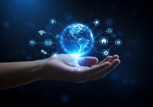 Glowing Earth Globe Held in Hand with Connected Network Icons on Dark Blue Background