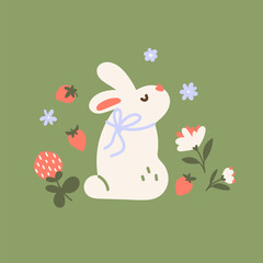 White rabbit and flowers illustration
