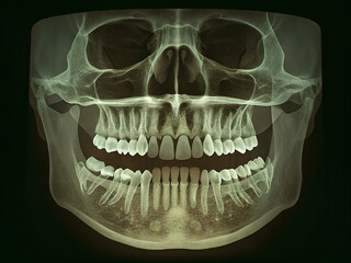 Panoramic X-ray image of a human head and mouth, showing teeth and jaw structure in a grayscale, slightly desaturated tone