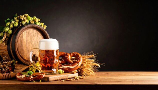 Craft beer and pretzels tasting event rustic barrels food photography cozy atmosphere close-up view flavorful pairing