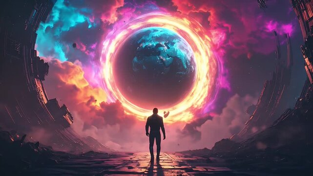 A lone figure stands on a desolate alien landscape, gazing at a vibrant cosmic event