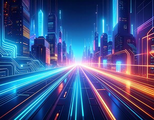 Futuristic cityscape with glowing neon lights tracing roads and buildings, conveying a sense of speed and technological advancement.