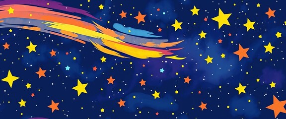 Whimsical crayon-style starry night seamless pattern with colorful comets and stars, cute, universe