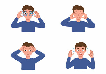 Illustration of a man experiencing vision problems, headaches, stress, and hearing issues, depicting common health symptoms.