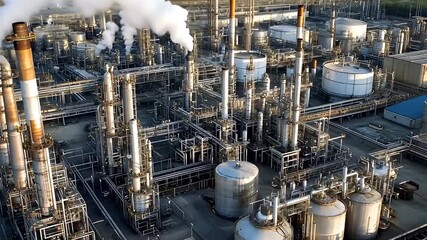 Industrial Plant With White Smoke Emitting From Chimneys Featuring Complex Structure Of Pipes And Tanks With Hazy Sky Background