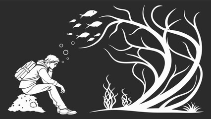 Fototapeta premium Man dreaming of ocean life fish and coral reef illustration black and white vector graphic design
