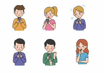 Cartoon characters show anxiety and distress while using smartphones, depicting digital stress and bad news reactions.
