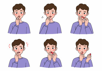 Young Man Experiencing Dry Chapped Lips and Applying Lip Balm for Soothing Relief and Daily Hydration, Skincare Routine Illustration.