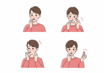 Young man applying lip balm or lipstick in a multi-step illustration, showcasing his daily self-care and grooming routine.