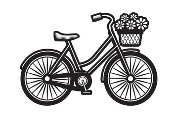 Vintage Bicycle With Flower Basket Art On White Background. Isolated Bike Icon