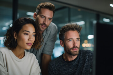 Focused diverse team collaborating and analyzing data on computer screen in modern office environment