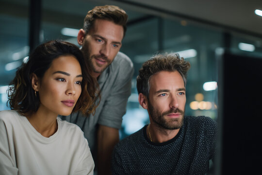 Focused diverse team collaborating and analyzing data on computer screen in modern office environment - Powered by Adobe