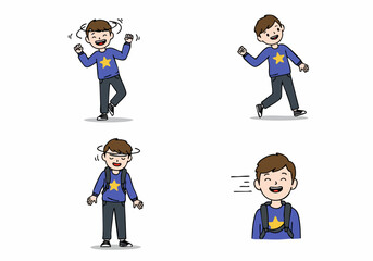 Cartoon Boy Illustrations Showing Dizziness, Excitement, and Movement in Various Poses