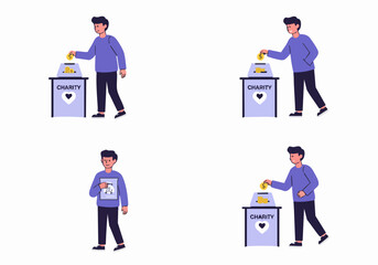 Young man actively donating money into a charity box, illustrating concepts of generosity, philanthropy, and social responsibility for community support.