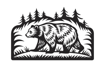 Walking Bear Silhouette in Forest Design on White Background Art