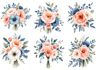 Elegant watercolor floral bouquets with peony and bluebell accents on a black background