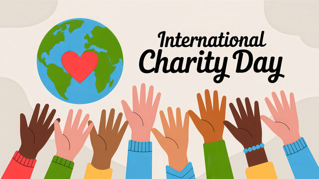 Diverse hands raised in unity around a globe with a heart symbolizing international charity day - Powered by Adobe