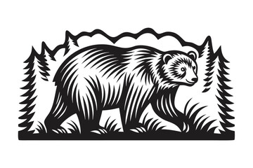 Striking Black Bear Silhouette Walking Through Dense Forest, Art Design