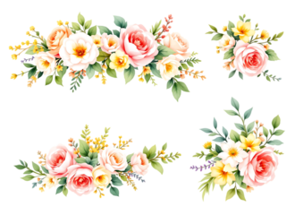 Watercolor floral arrangements of roses and various flowers over a black background