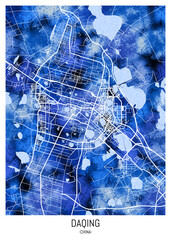 Daqing China City Map. city background, abstract city printable, city travel, city banner, modern city, city background, abstract watercolor paint urban background