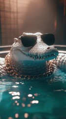 Cool crocodile in shades relaxing in spa

