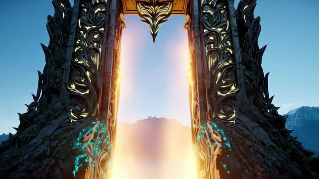 Ornate, dark gateway portal, piercing a mountain range