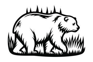 Stylized Bear Design Walking in Grass on White Background
