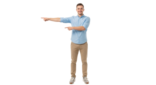 Young man pointing to the left isolated on transparent background