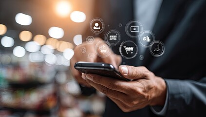 Businessman using a smartphone with digital shopping icons overlay