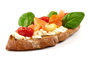 Bruschetta Bread with Tomato, Salmon and Basil, isolated on white background