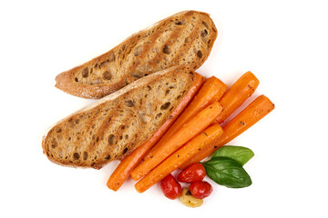 Roasted Carrots, Bread Slices, Basil, isolated on white background