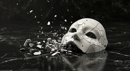 A shattered white mask lies in pieces on a dark surface, symbolizing the destruction of identity or a lost dream.