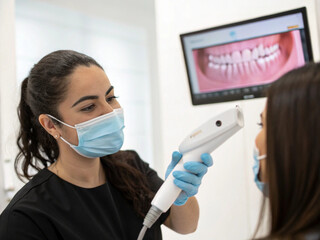 Dental hygienist using a dental scanner on a patient