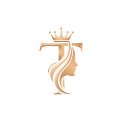 Initial T Beauty Queen Vector Logo - Elegant Woman Profile Silhouette Icon with Crown on Top.