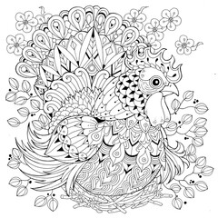 Animal illustration coloring book, flower pattern, traditional ornament, black and white wildlife cartoon outline hand drawing.