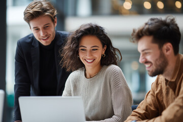 Young professionals collaborating and smiling while working together on a laptop in a modern office environment