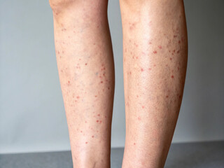 Close-up of two legs with scattered red spots and visible veins