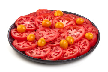 Sliced Tomatoes, Yellow Cherry Tomatoes, Plate, isolated on white background