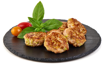 Fried Cutlets, Basil, Tomatoes on Slate Plate, isolated on white background