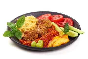 Meatballs with Spaghetti and Fresh Vegetables, isolated on white background.