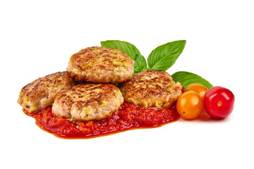 Chicken Patties with Tomato Sauce and Basil, isolated on white background.