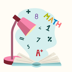 Math learning banner with desk lamp, open book and math symbols. For posters, classroom materials, worksheets and web banners.