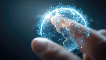 A hand holds a digital representation of Earth