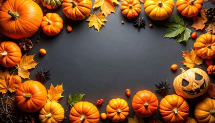 Autumn harvest celebration vibrant pumpkins and colorful leaves home decor festive atmosphere top-down view seasonal delight