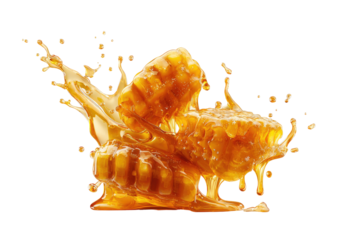 Honeycomb cubes exploding in a golden liquid splash