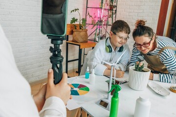Science learning session filming a school project indoors