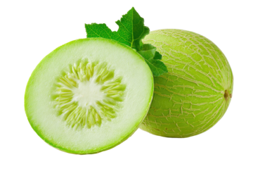 Two halves of a pale green cantaloupe, one whole and one sliced open, showcasing its interior.  A vibrant green leaf rests atop the melon