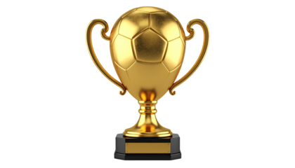 Golden football trophy cup with handles, isolated on transparent background, sports award, shiny metallic texture PNG.