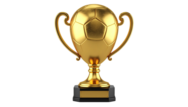 Golden football trophy cup with handles, isolated on transparent background, sports award, shiny metallic texture PNG. - Powered by Adobe